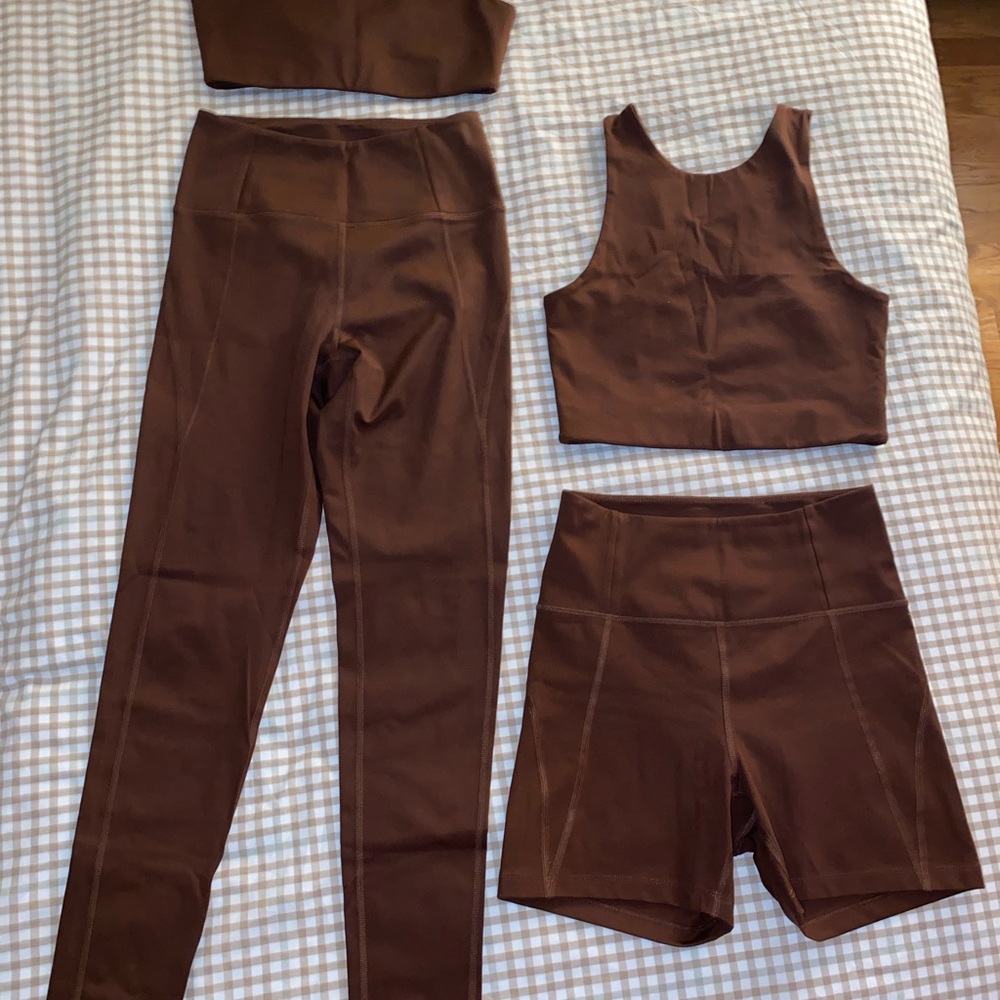 Girlfriend Collective Matching Sets- Brown Leggings, Biker Shorts, Tank, & Bra